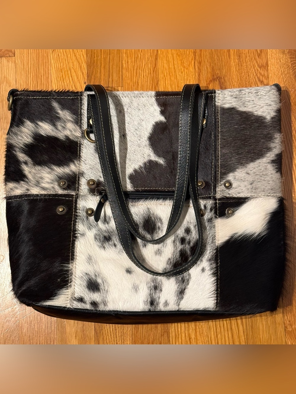 Myra Black and White Cowhide Patchwork Tote Bag